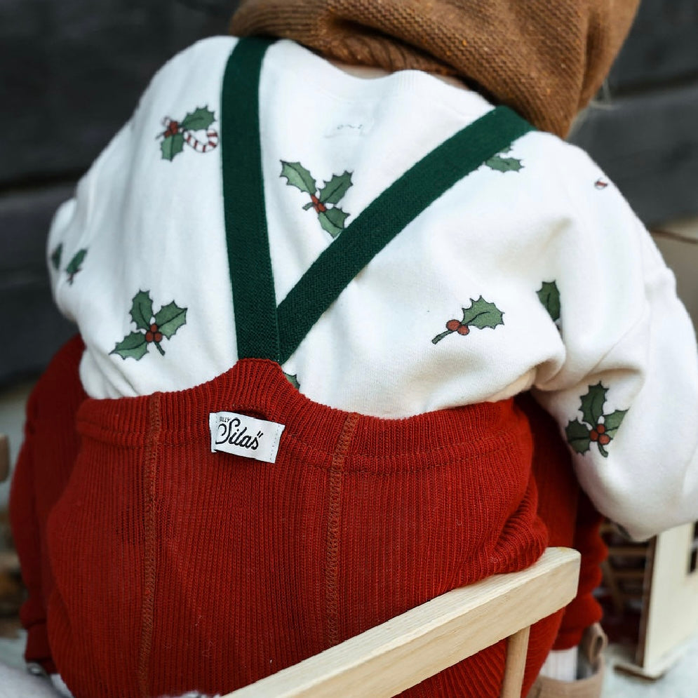 Silly Silas Festive Tights with Braces (Maple Leaf + Dark Forest Green)